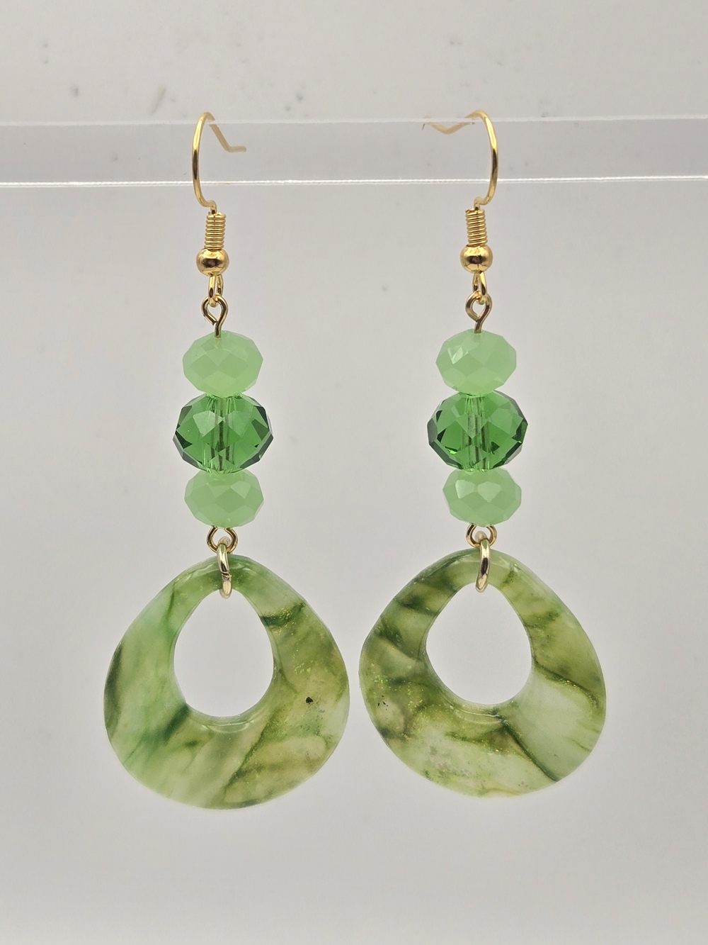 #B488- Green Marble Teardrop Earrings with Gold Hooks